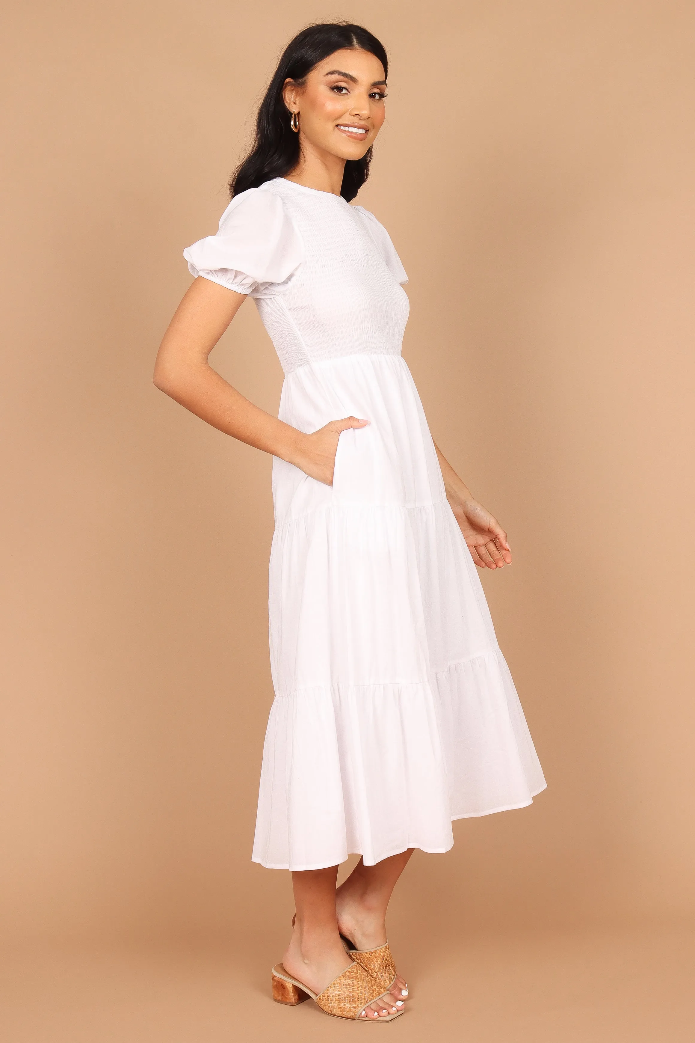 Naura Shirred Tiered Midi Dress - White