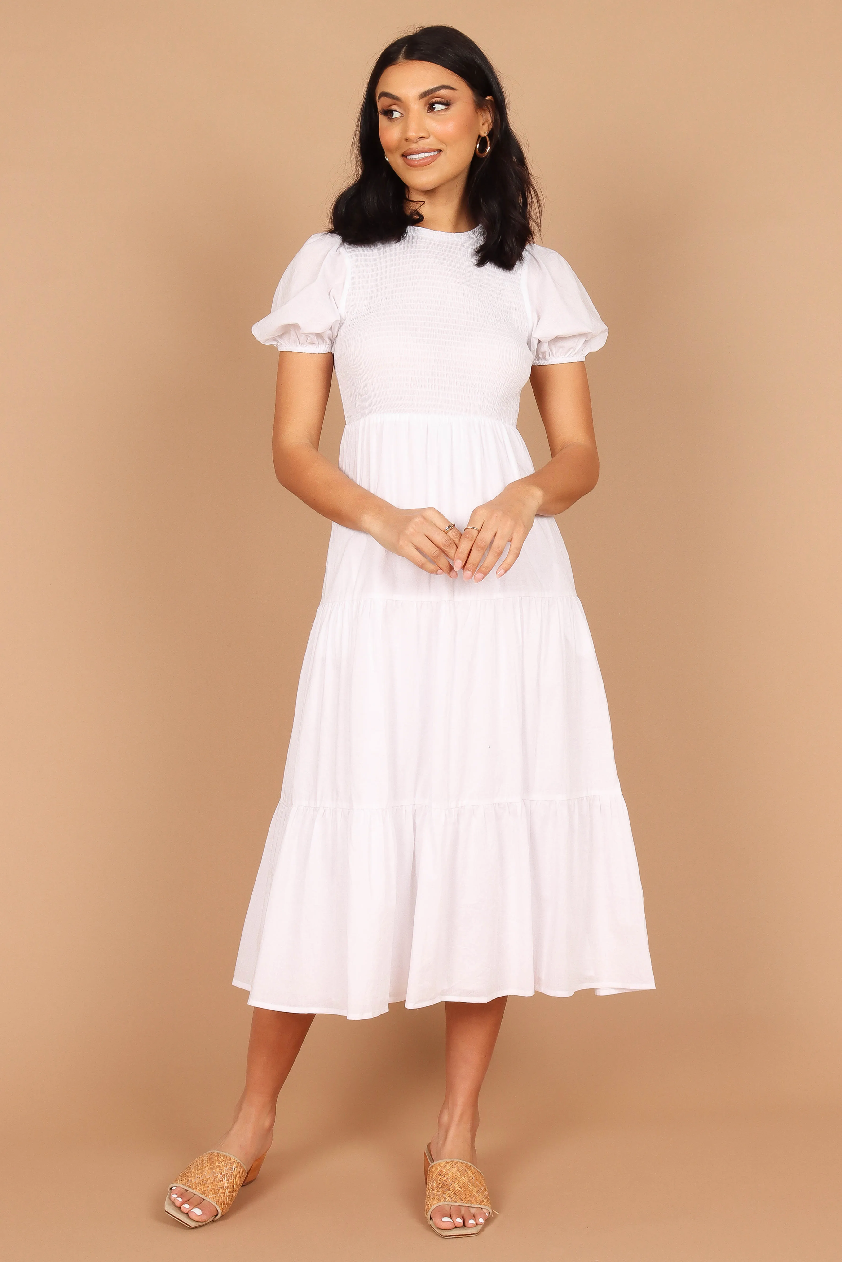 Naura Shirred Tiered Midi Dress - White