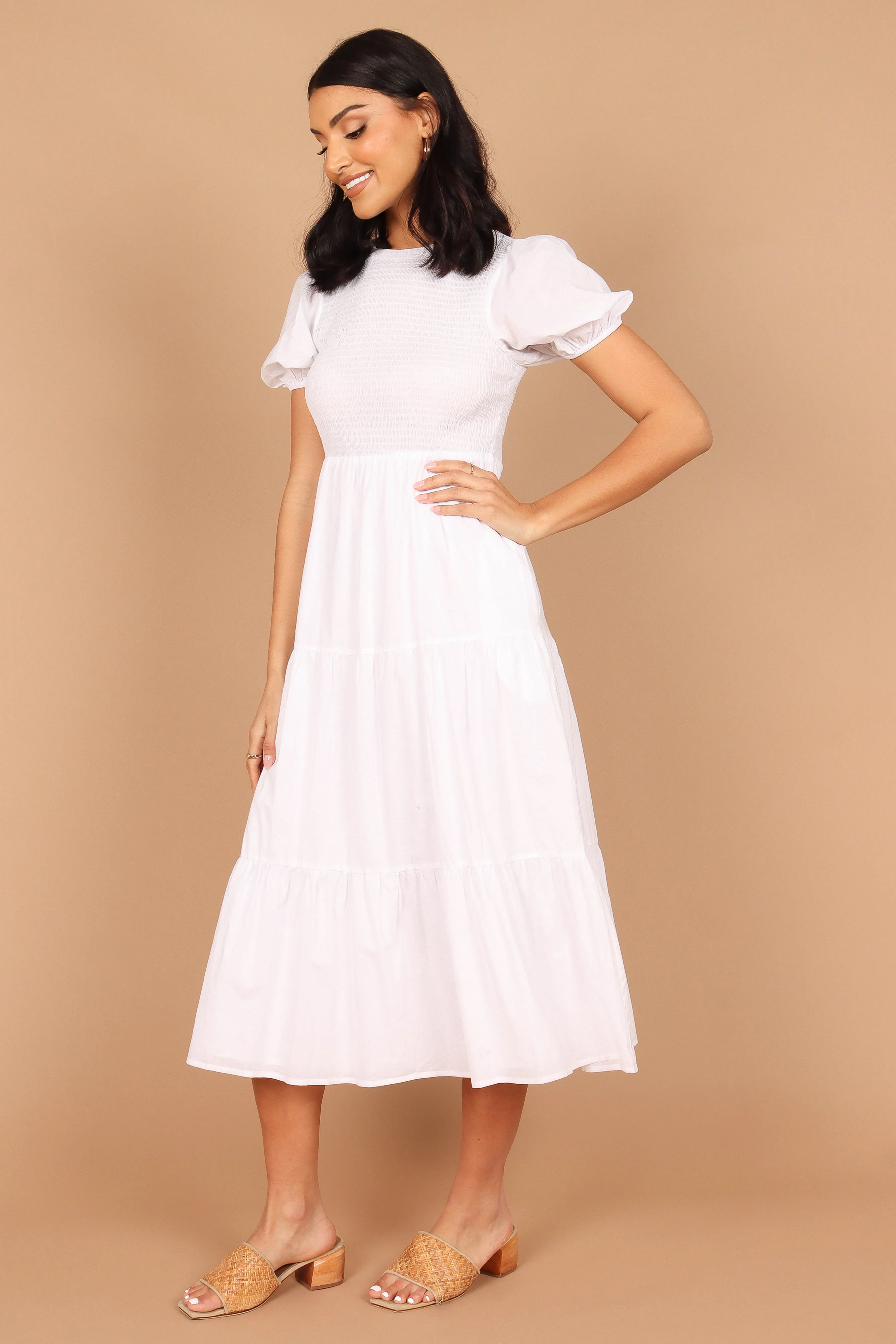 Naura Shirred Tiered Midi Dress - White