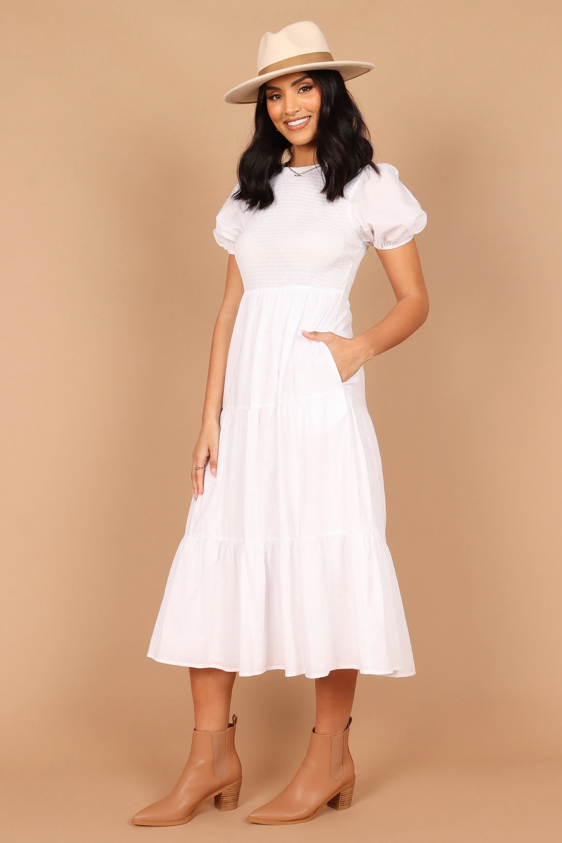 Naura Shirred Tiered Midi Dress - White
