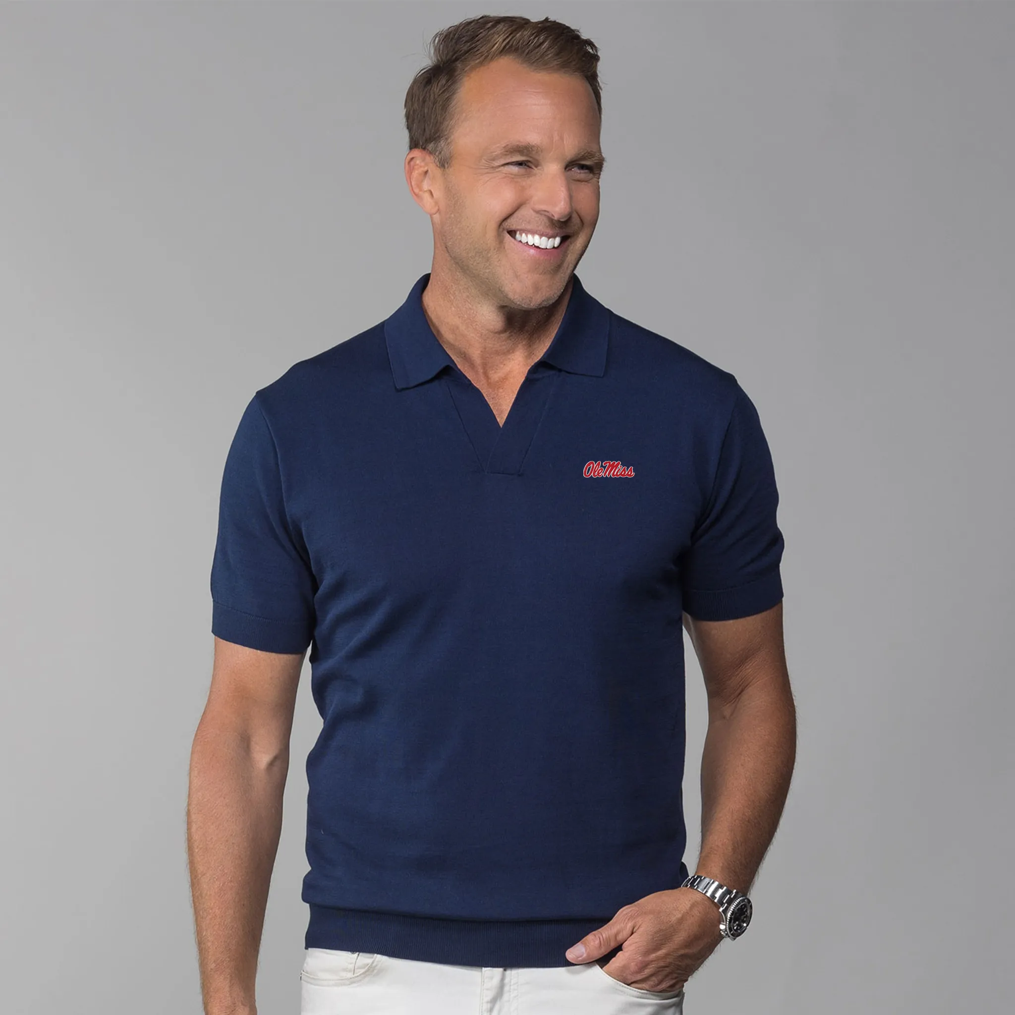 Ole Miss Maranello Cotton & Silk Buttonless Polo Navy - Tailored Fit
