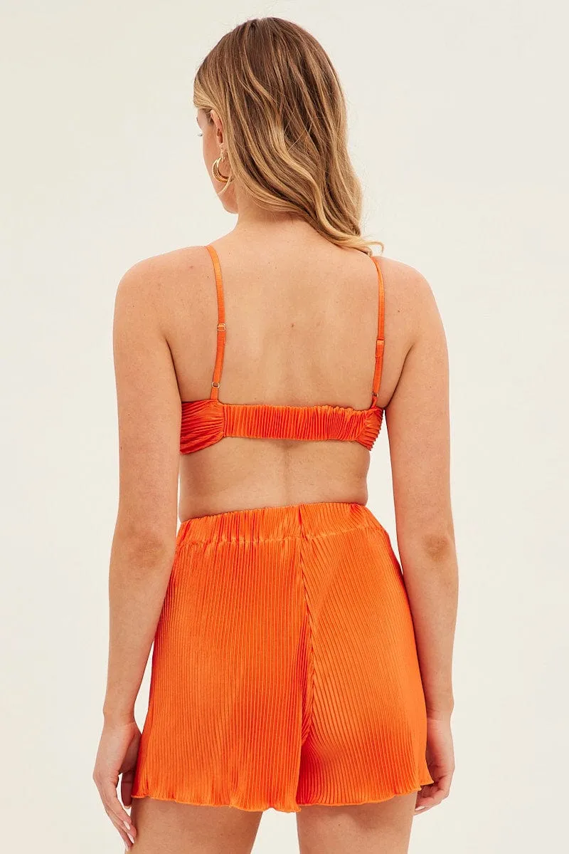 Orange Plisse Shorts High Waisted