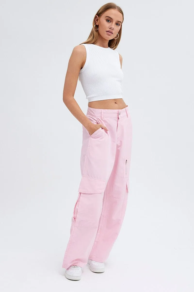 Pink Cargo Pants Mid-Rise Wide Leg Parachute