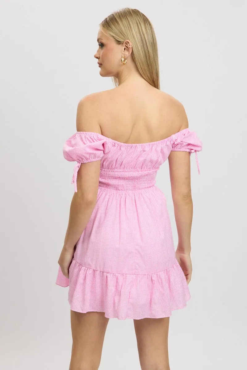 Pink Check Fit And Flare Dress Puff Sleeve Mini