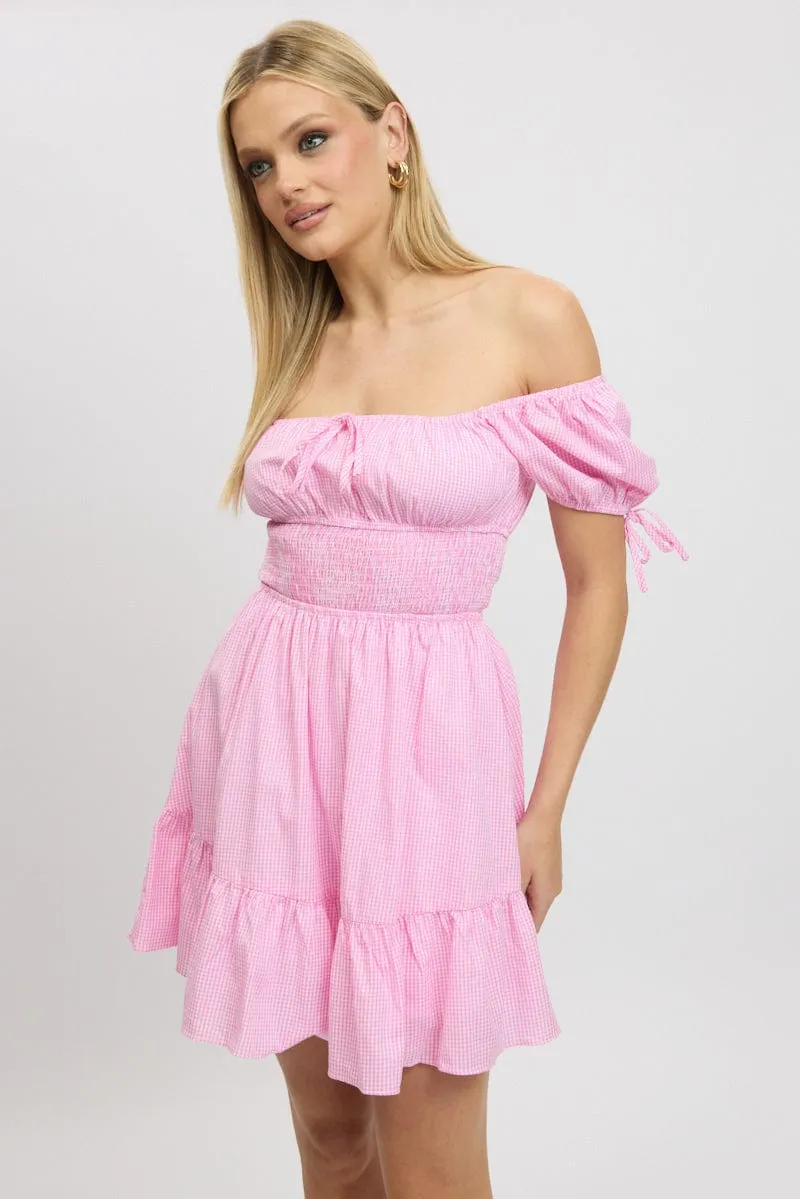 Pink Check Fit And Flare Dress Puff Sleeve Mini