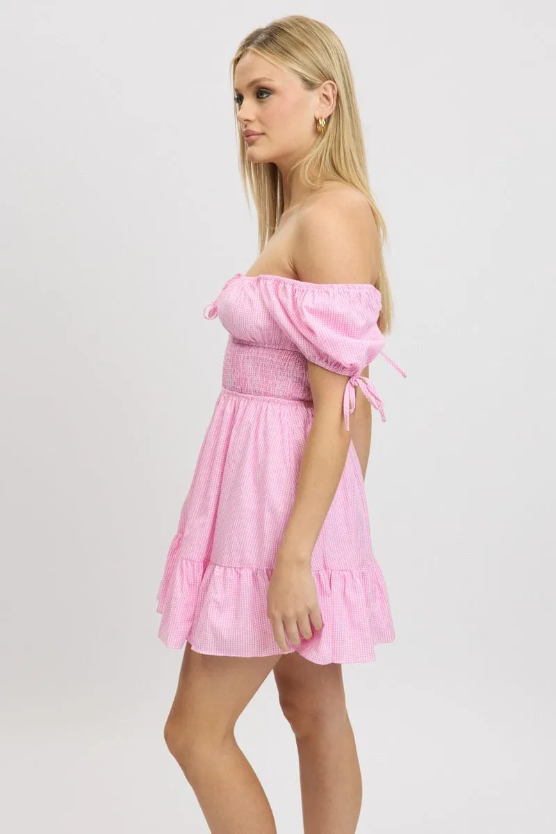 Pink Check Fit And Flare Dress Puff Sleeve Mini