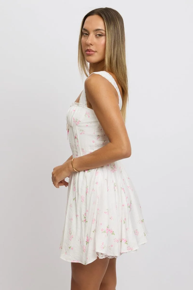 Pink Ditsy Fit And Flare Dress Corset Detail Mini