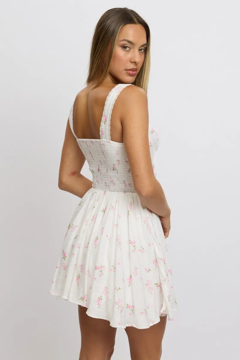 Pink Ditsy Fit And Flare Dress Corset Detail Mini