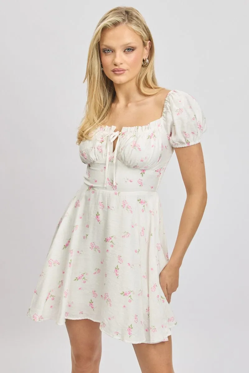 Pink Ditsy Fit And Flare Dress Mini