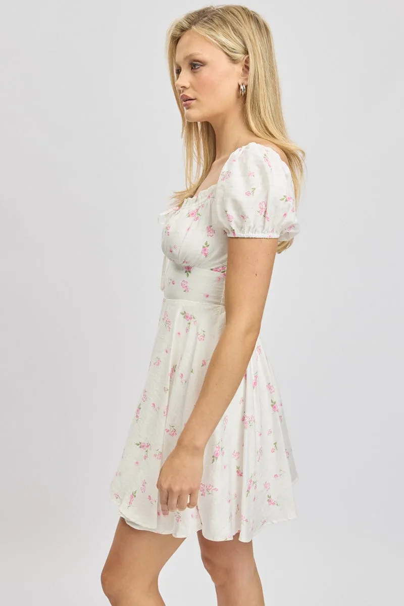 Pink Ditsy Fit And Flare Dress Mini