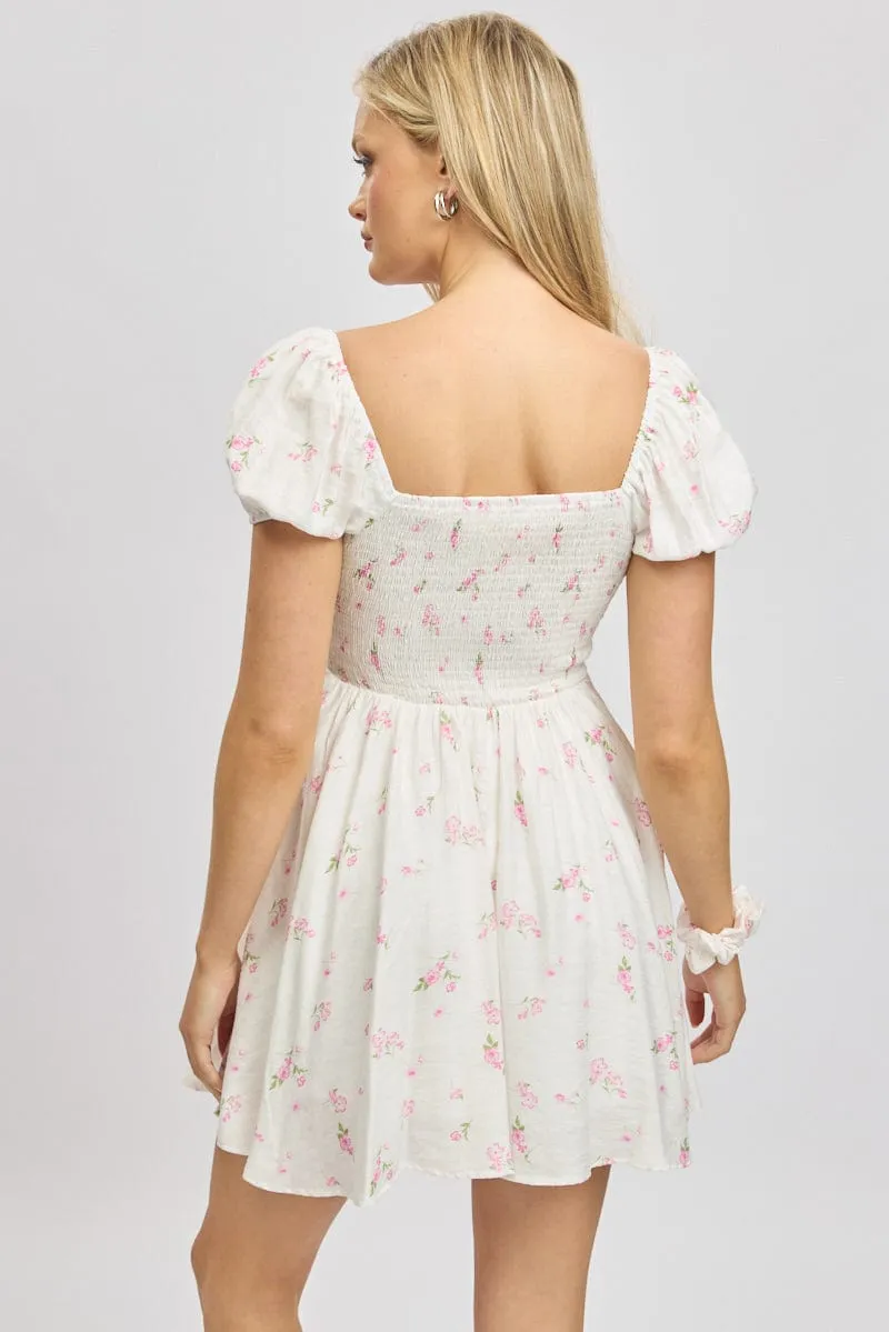 Pink Ditsy Fit And Flare Dress Mini