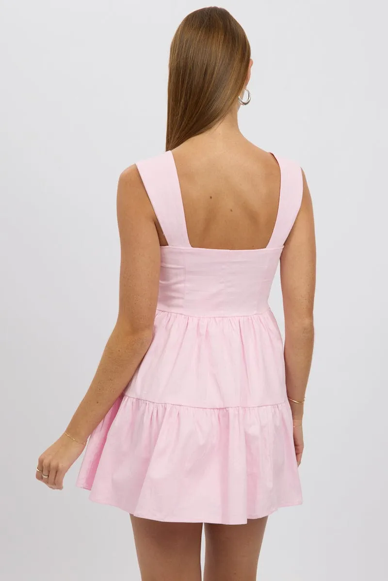 Pink Fit And Flare Dress Mini Front Button Placket