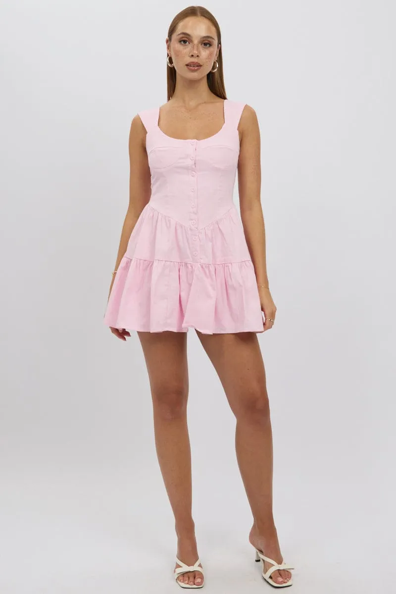 Pink Fit And Flare Dress Mini Front Button Placket