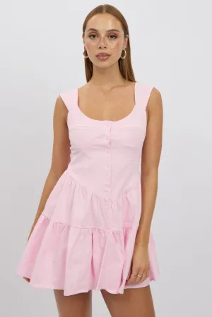 Pink Fit And Flare Dress Mini Front Button Placket