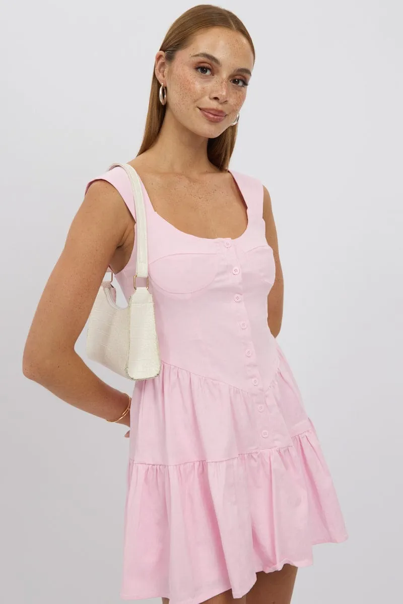 Pink Fit And Flare Dress Mini Front Button Placket