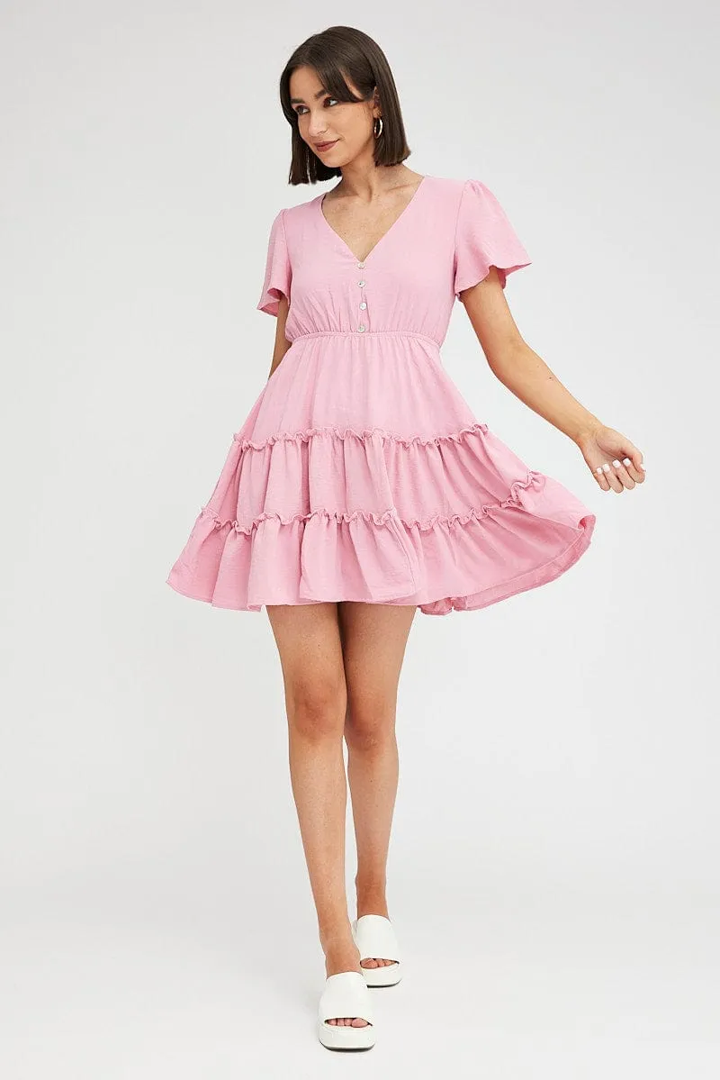 Pink Fit And Flare Dress Short Sleeve Mini
