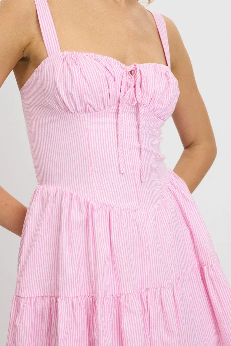 Pink Stripe Fit And Flare Dress Mini Gathered Bust