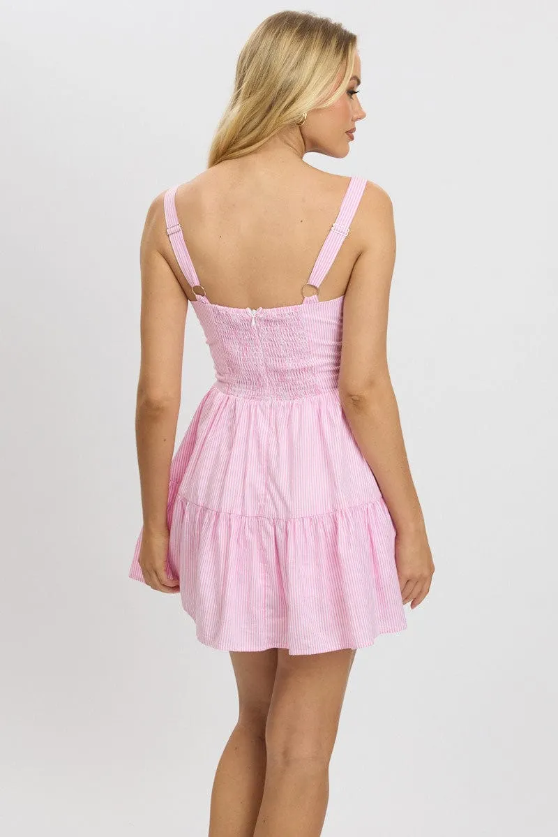 Pink Stripe Fit And Flare Dress Mini Gathered Bust