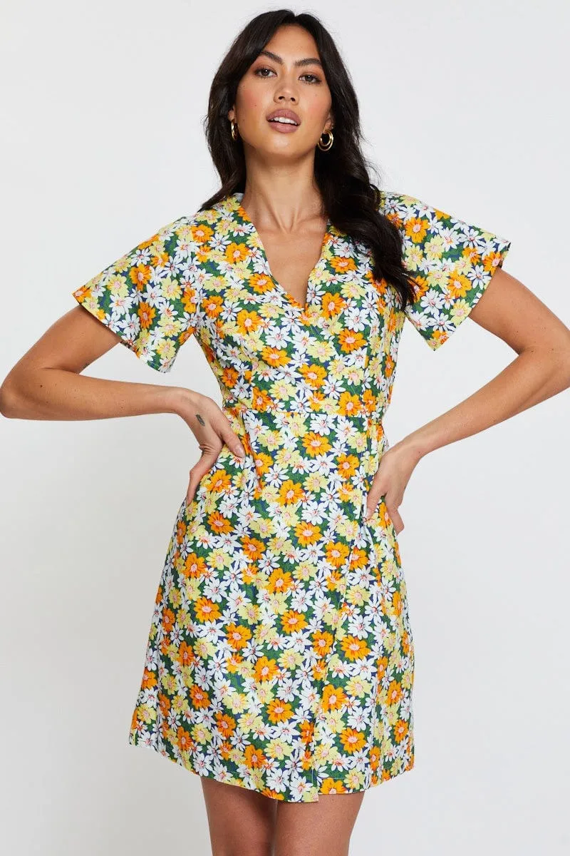 Print Fit And Flare Dress Short Sleeve V Neck