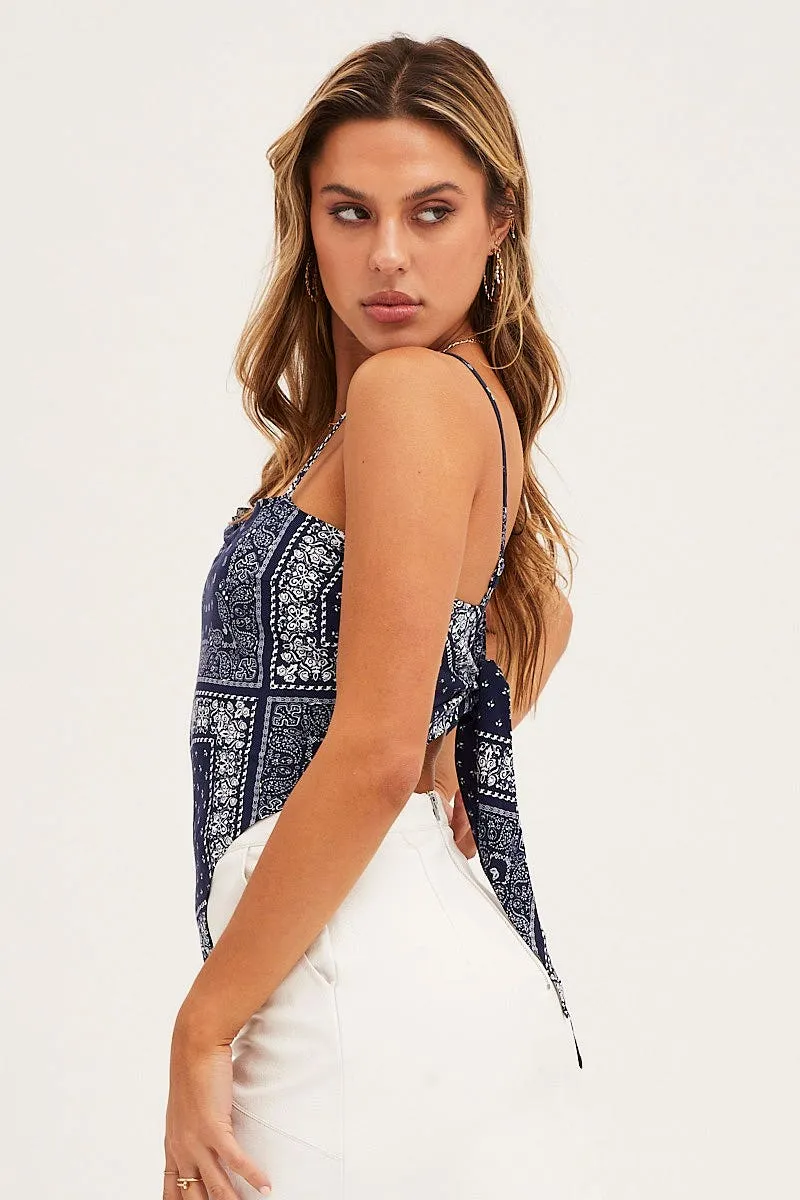 Print Scarf Top Sleeveless Tie Back