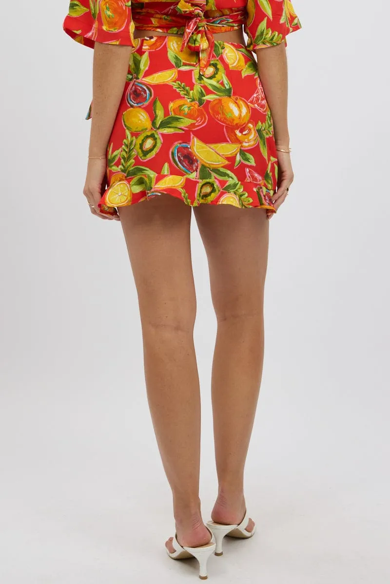 Red Abstract Wrap Skirt High Waisted Mini Ruffle