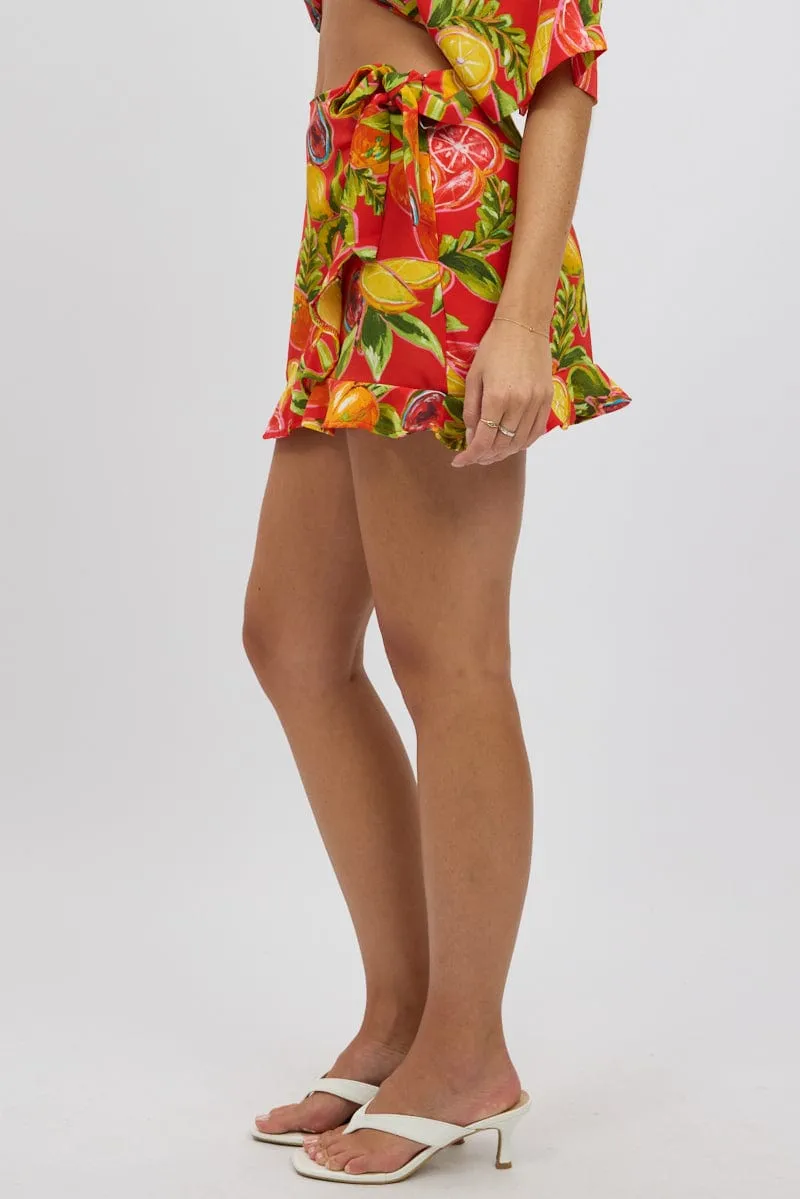 Red Abstract Wrap Skirt High Waisted Mini Ruffle