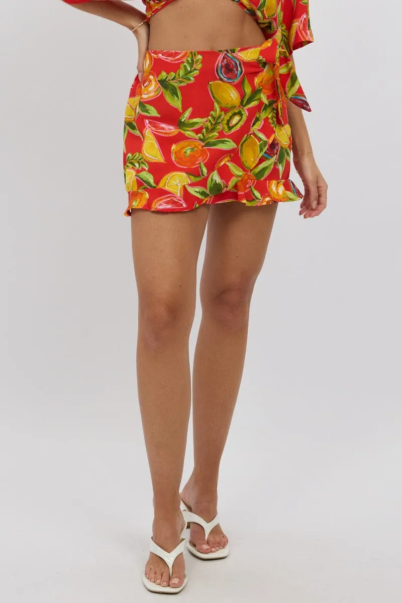 Red Abstract Wrap Skirt High Waisted Mini Ruffle