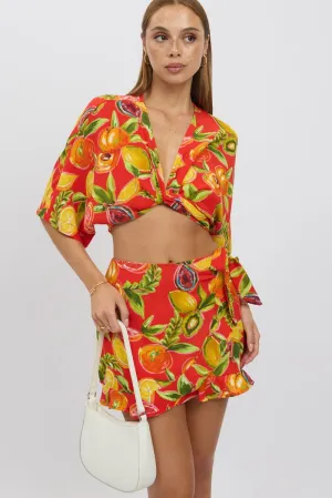 Red Abstract Wrap Skirt High Waisted Mini Ruffle