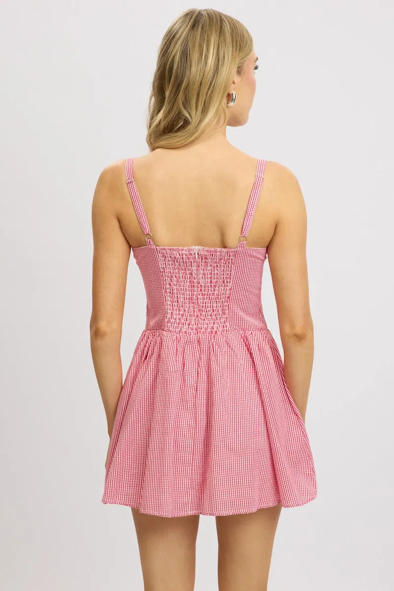 Red Check Fit And Flare Dress Drop Waist Mini
