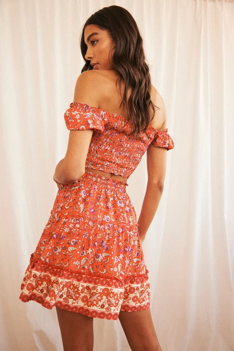 Red Mini Skirt High Waisted Skater Elastic Band Tiered
