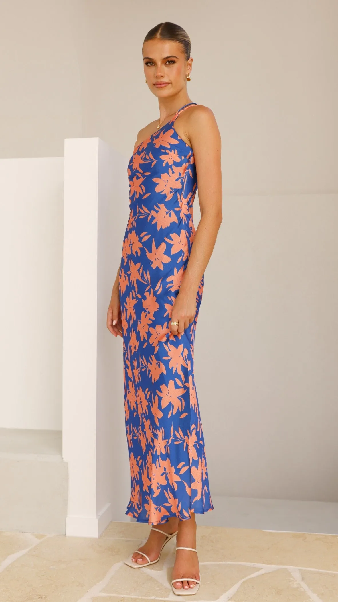 Verity One Shoulder Maxi Dress - Orange/Blue Floral