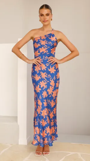 Verity One Shoulder Maxi Dress - Orange/Blue Floral