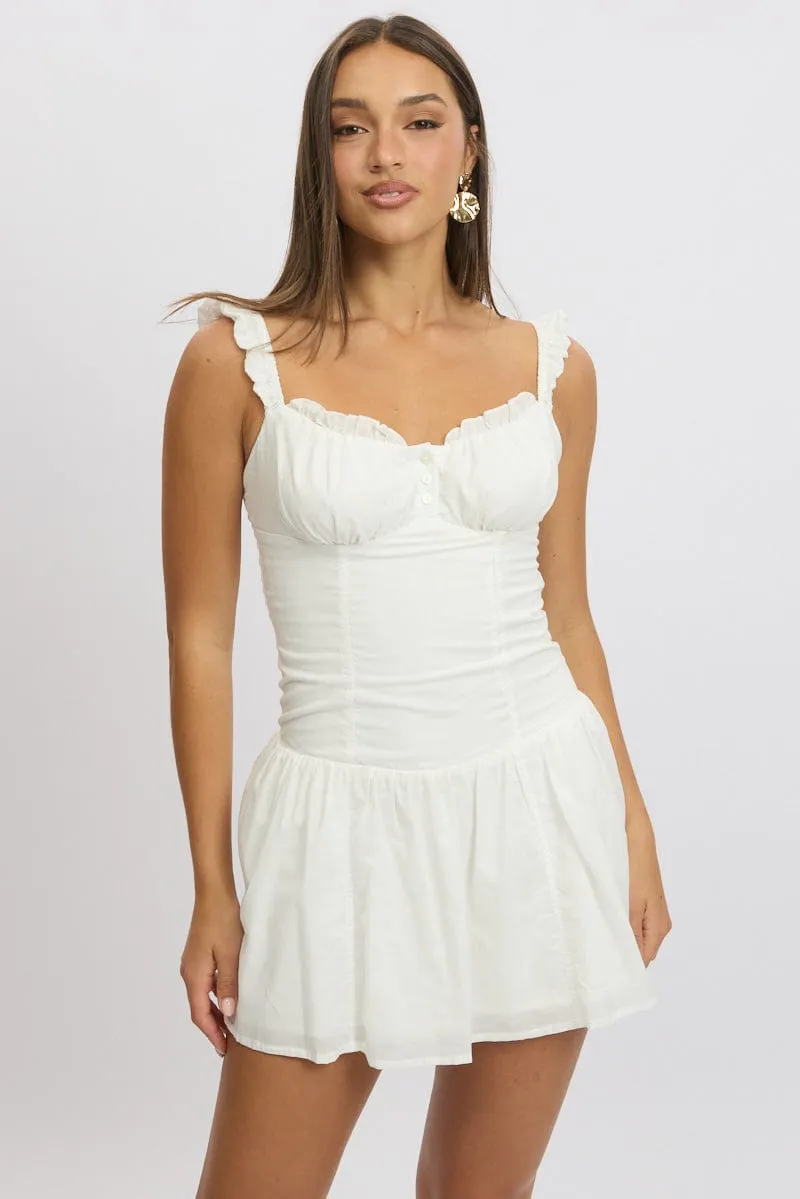 White Fit And Flare Dress Drop Waist Mini Poplin