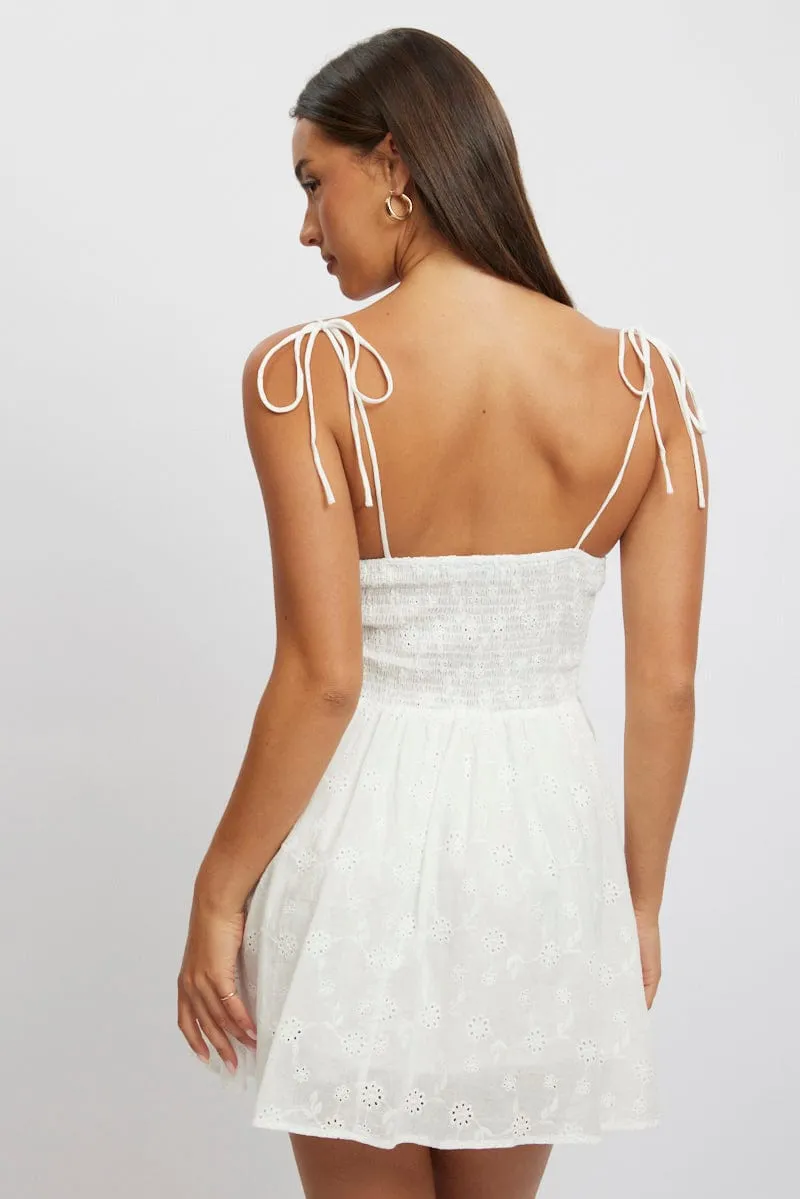 White Fit And Flare Dress Mini Eyelet Fabric
