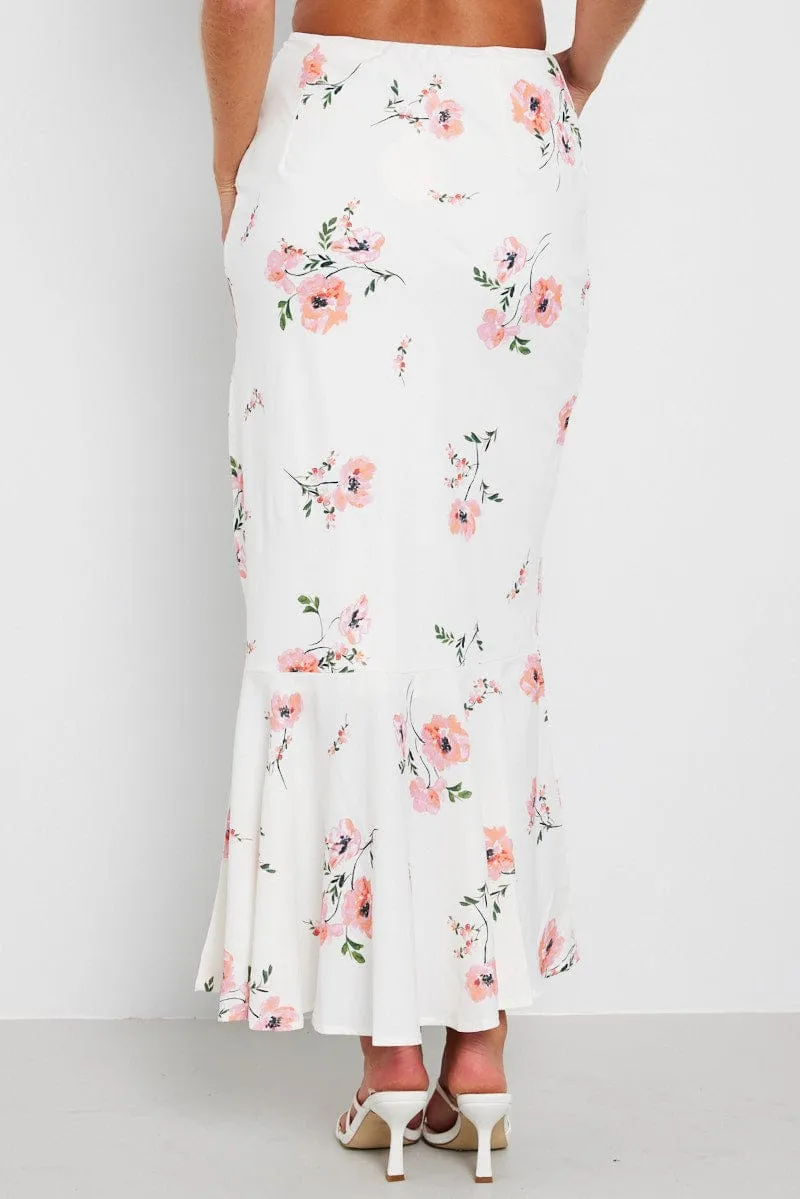 White Floral Maxi Skirt High Waist Fit & Flare