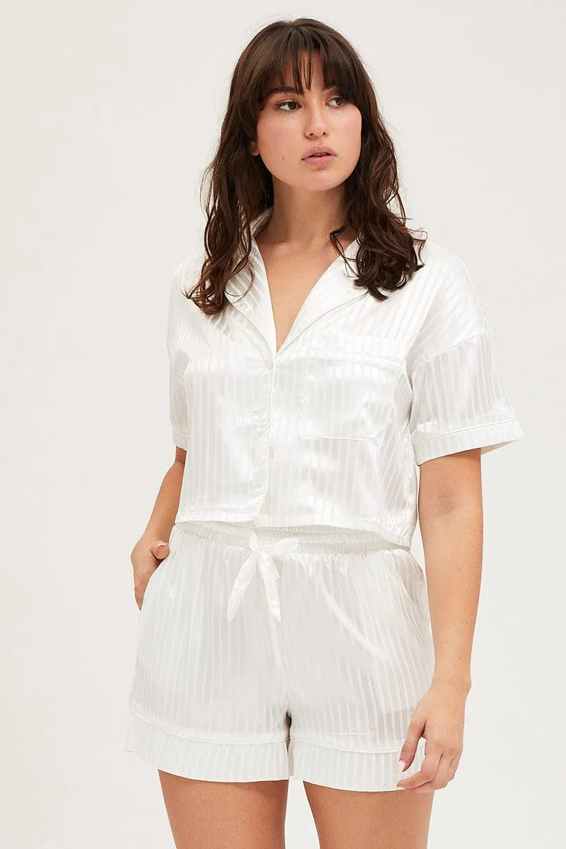 White Satin Pajamas Set Short Sleeve