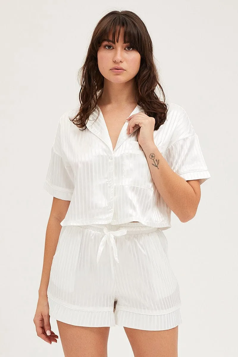 White Satin Pajamas Set Short Sleeve