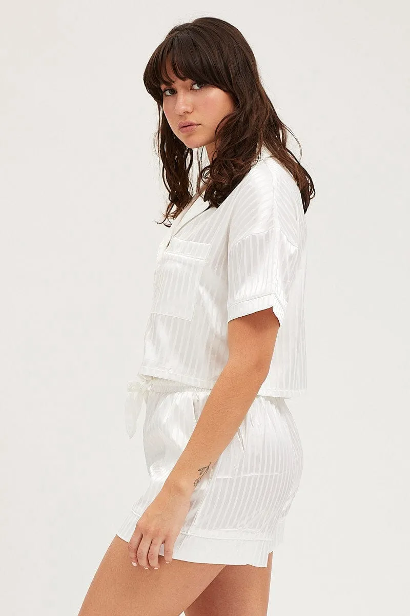 White Satin Pajamas Set Short Sleeve