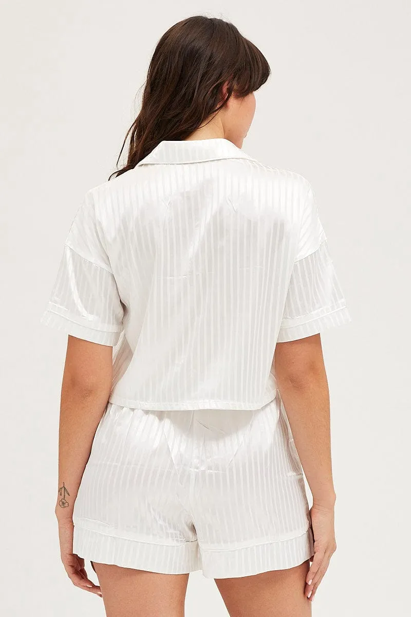 White Satin Pajamas Set Short Sleeve