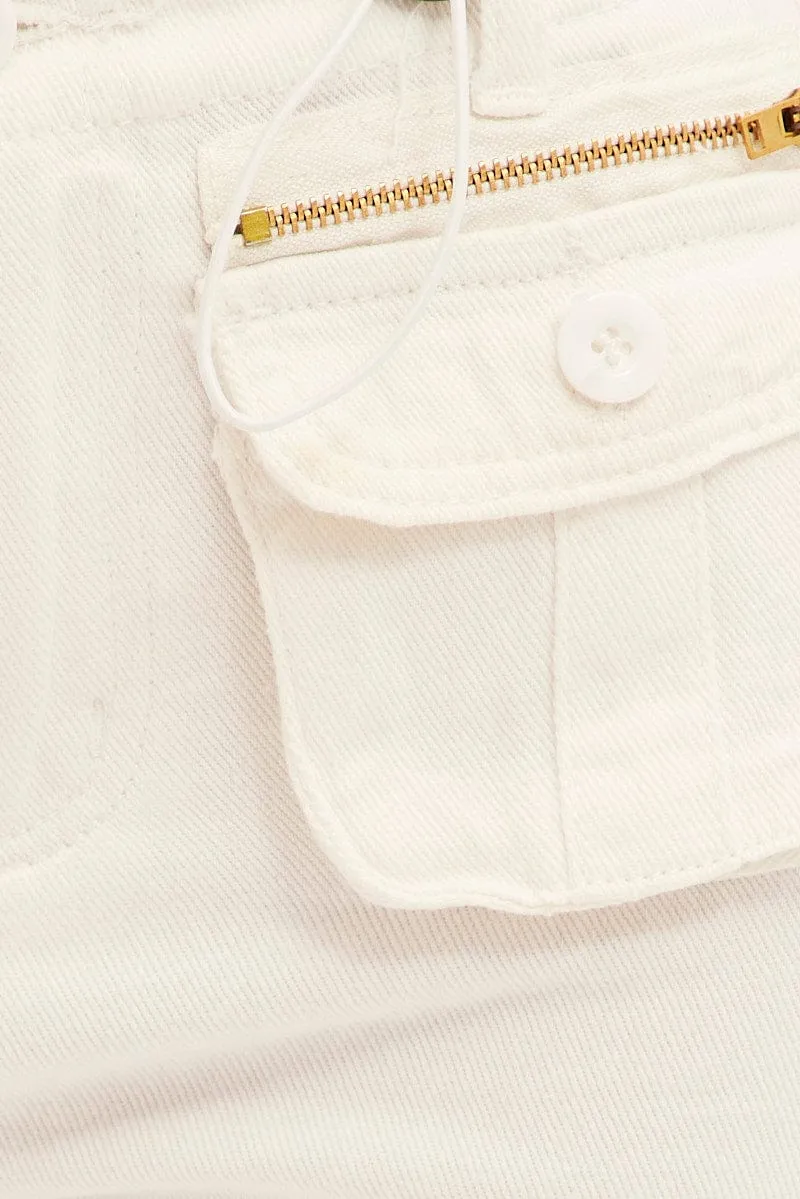 White Wide Leg Denim Cargo Pants