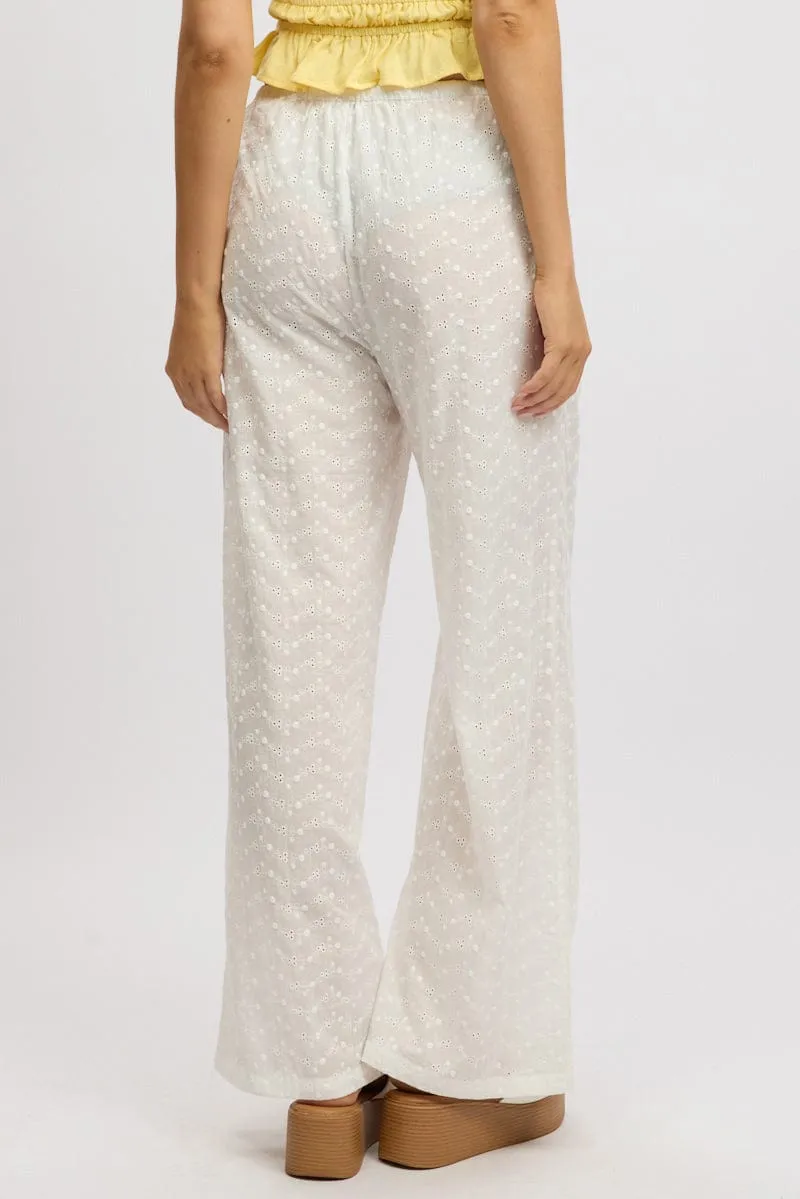 White Wide Leg Pants High Rise Eyelet Fabric