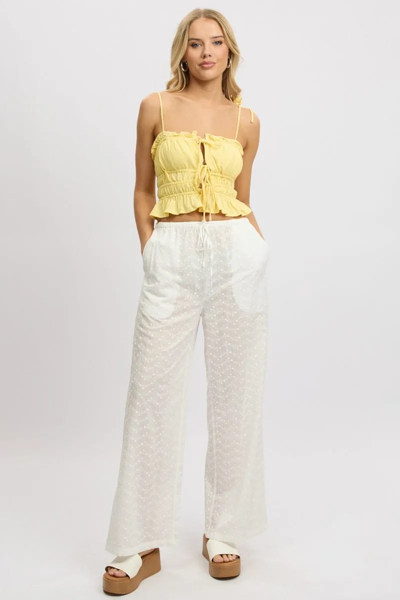 White Wide Leg Pants High Rise Eyelet Fabric