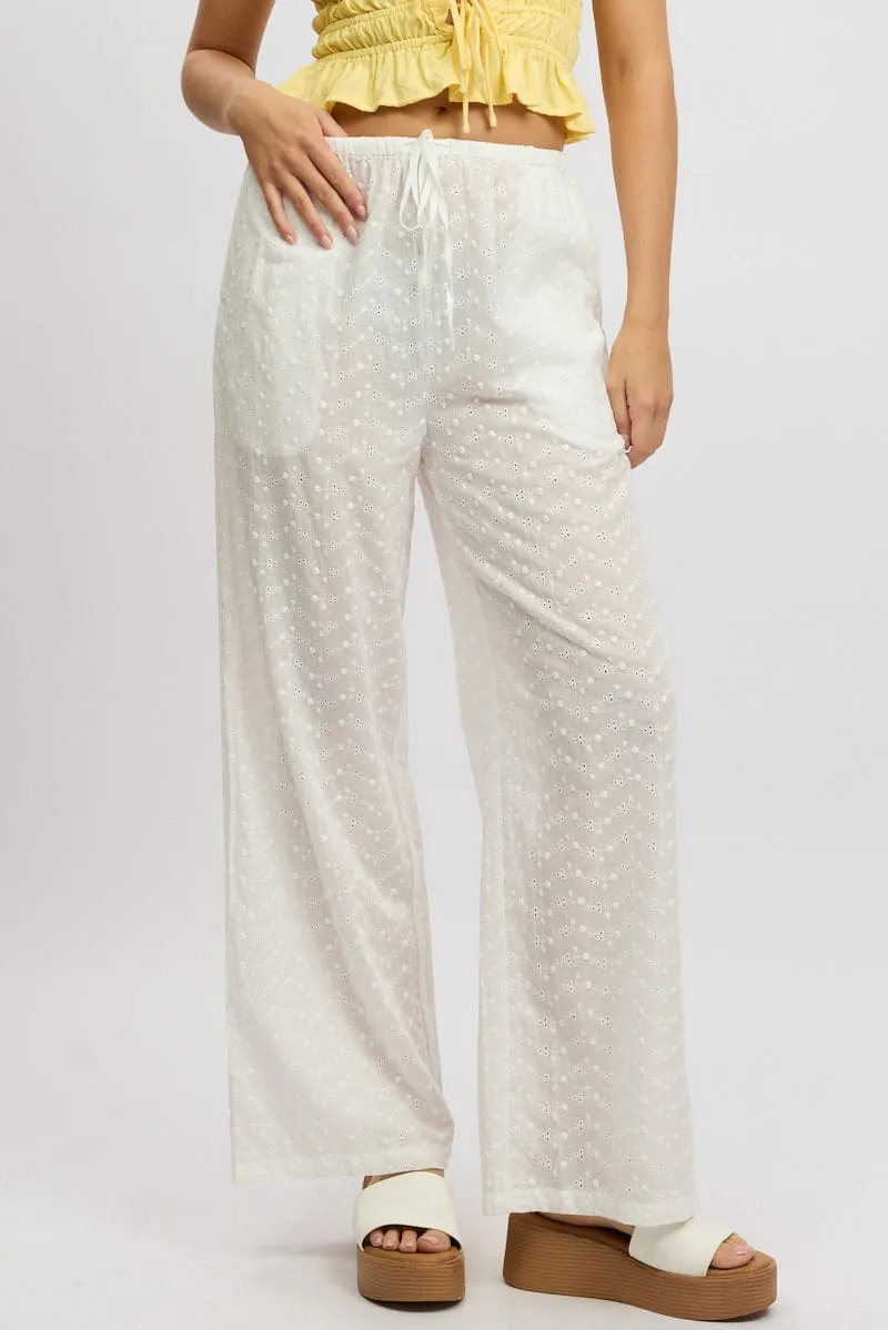 White Wide Leg Pants High Rise Eyelet Fabric