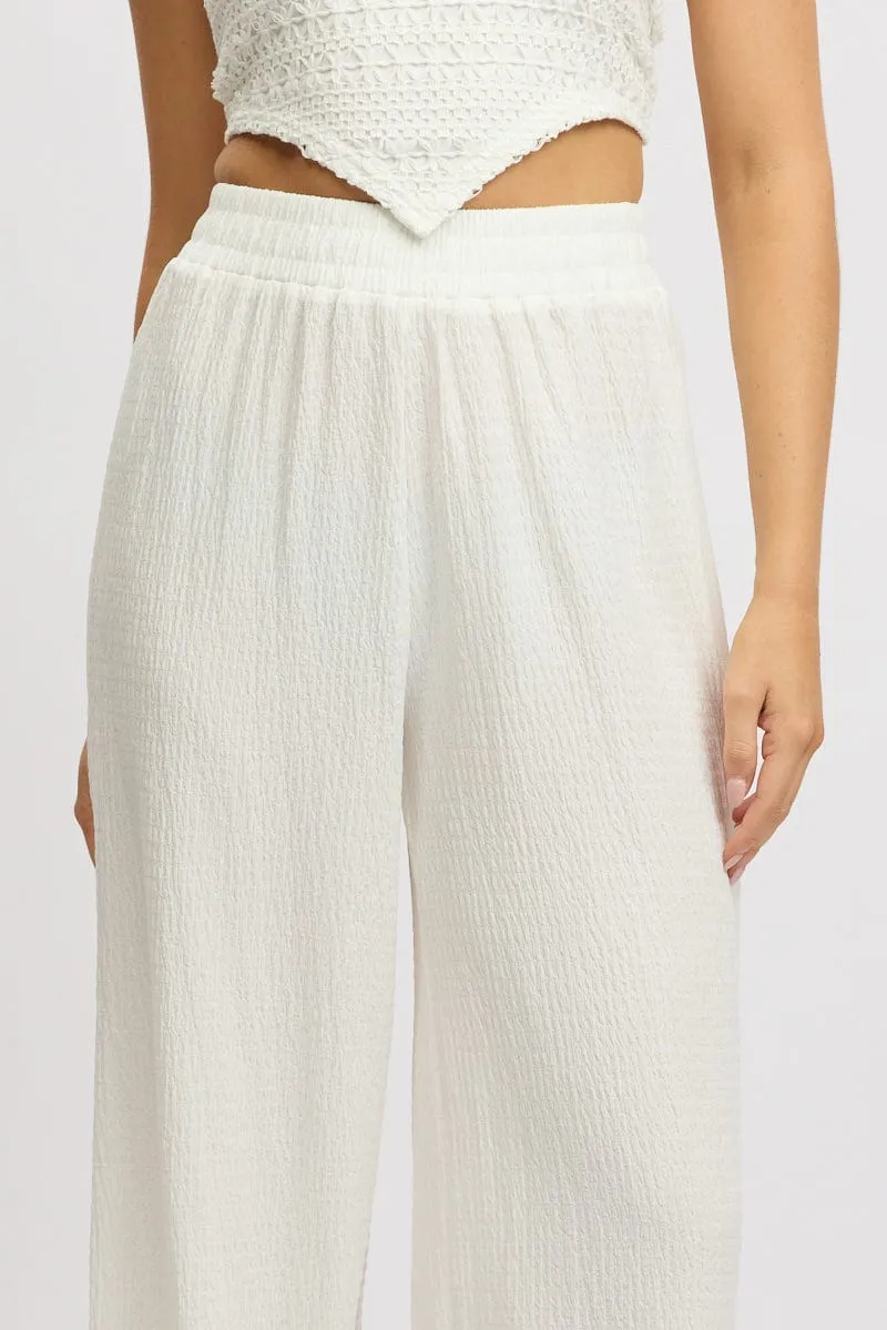 White Wide Leg Pants High Rise Textured Fabric