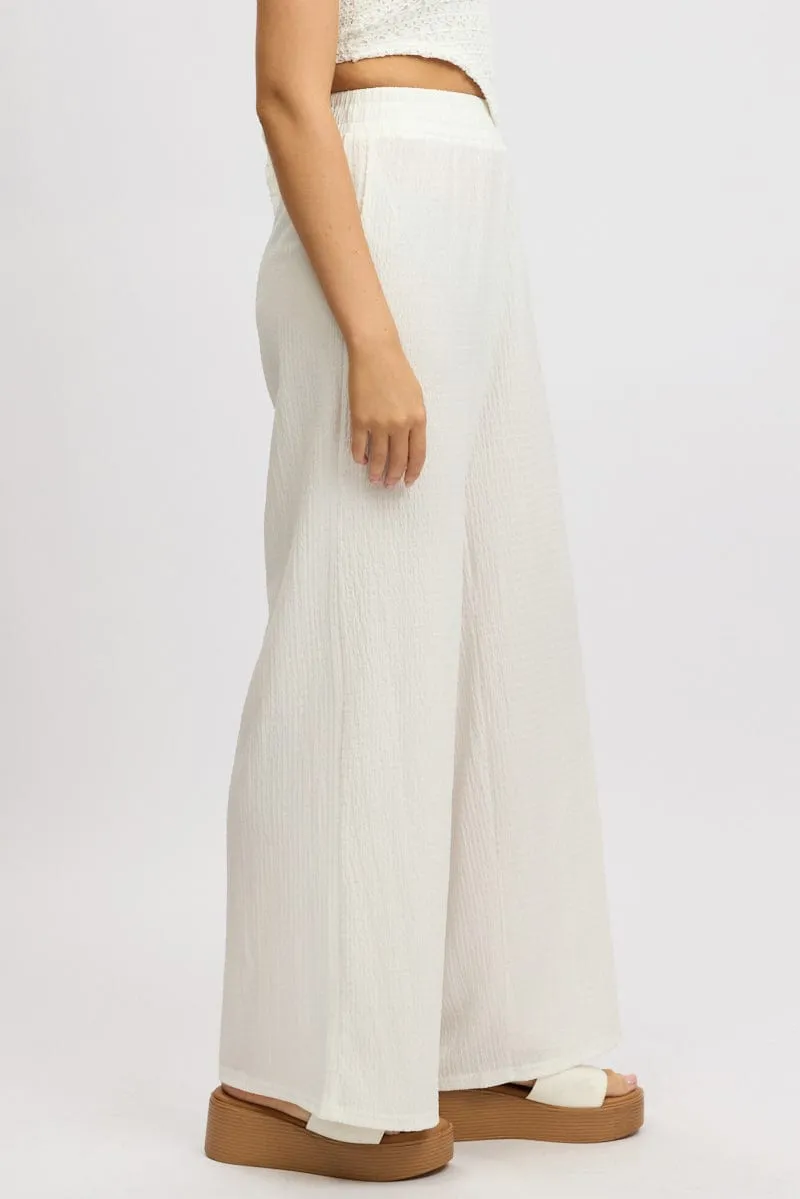 White Wide Leg Pants High Rise Textured Fabric