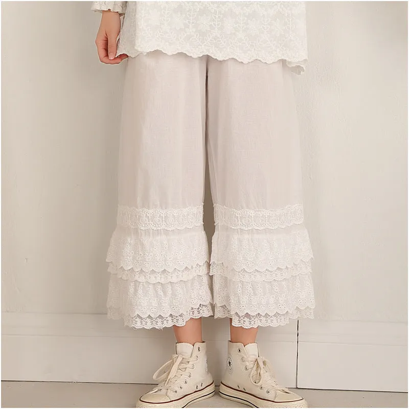 Women Spring Cotton Ruffle Bottom Wide Leg Pants