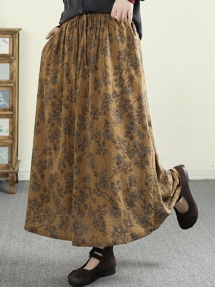 Women Spring Retro Cotton-Linen Printed A-Line Skirt
