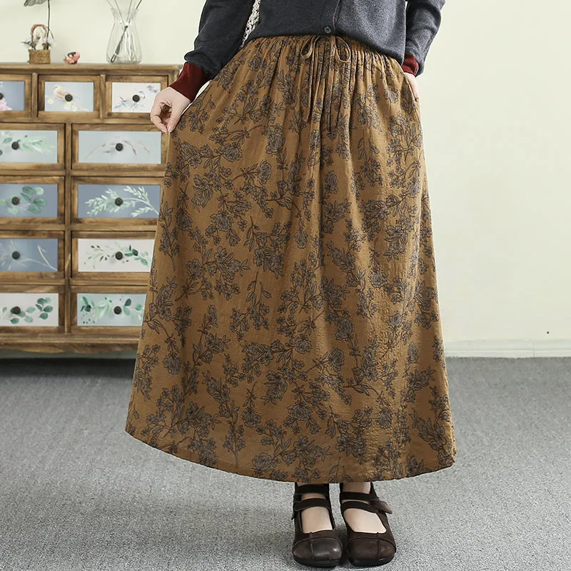 Women Spring Retro Cotton-Linen Printed A-Line Skirt
