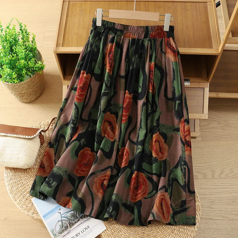 Women Spring Retro Cotton-Linen Printed Floral A-Line Skirt