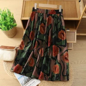 Women Spring Retro Cotton-Linen Printed Floral A-Line Skirt